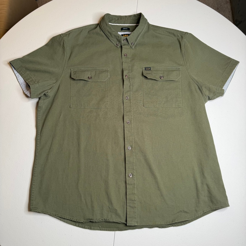 Lee Mens XXL‎ Regular Fit Stretch Short Sleeve Button Down Shirt Olive Green